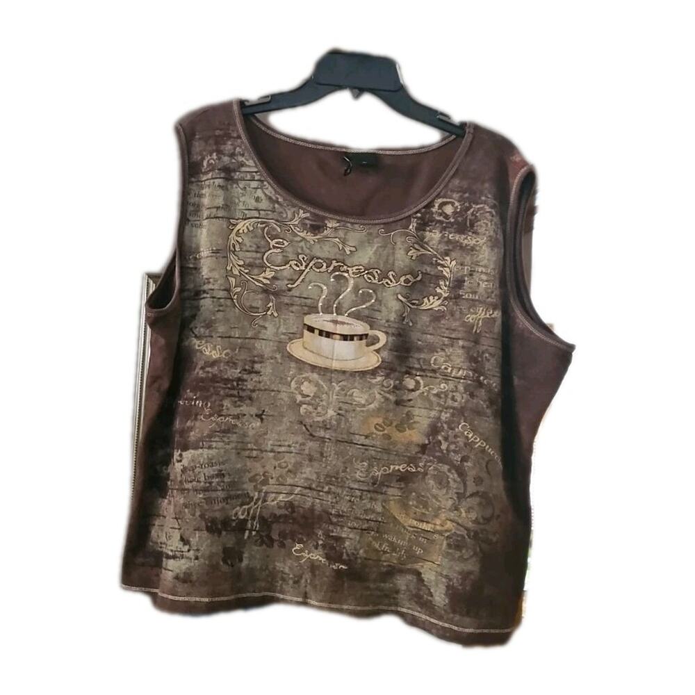 New Directions Tshirt Womens Sz 2X Brown Sleeveless Espresso Coffee Graphic